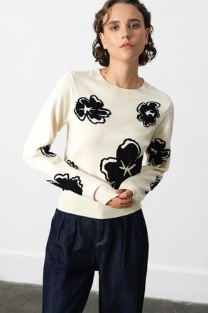 French Connection Womens White Floral Jacquard Crew Neck Jumper - Size X-Large