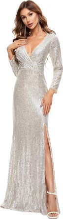 Ever-pretty Womens V Neck Floor Length Long Sleeve Thigh High Slit Sequin Mermaid Evening Party Dresses Champagne 12UK