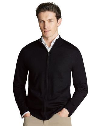 CHARLES TYRWHITT Pure Merino Full Zip Through Cardigan in Black at Nordstrom, Size Xxx-Large
