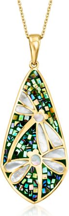 Ross-Simons Mother-Of-Pearl and Abalone Shell Dragonfly Mosaic Pendant Necklace in 18kt Gold Over Sterling