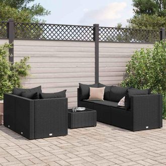 vidaXL Set Muebles De Jard&iacute;n 6 Piezas Y Cojines Rat&aacute;n Sint&eacute;tico Negro Vidaxl
