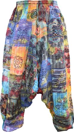 Gheri Mens Multicolored Patchwork Elastic Waist Harem Genie Pants Trousers Tie Dye Patch Small/Medium