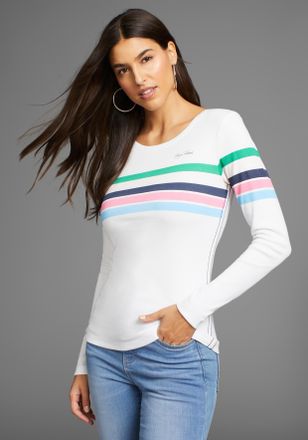 Kangaroos Langarmshirt KANGAROOS, Damen, Gr. 32/34, weiss (wei&szlig;), Rippware, Obermaterial: 100% Baumwolle, gestreift, sehr figurbetont h&uuml;ftbedeckend, Rundhals, S