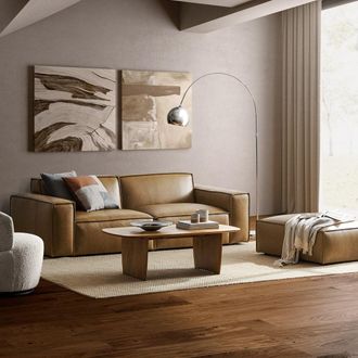 Castlery Brown 3 Seater Leather Sofa with Ottoman, Low-Profile by Castlery