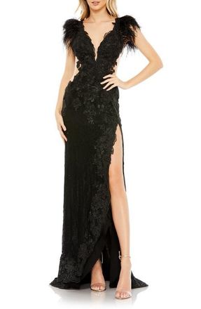 Mac Duggal Feather Cap Sleeve Lace Gown in Black at Nordstrom, Size 14