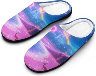 Generic Rainbow 4th of July Fireworks Deer Womens Slippers Warm House Slippers Indoor House Shoes with Anti-Skid Rubber Sole