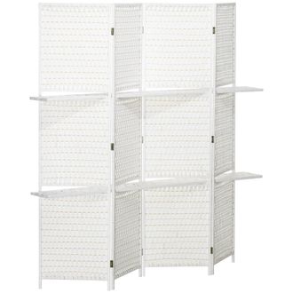 HOMCOM Biombo Plegable De 4 Paneles, 181 X 180 Cm, Con 2 Estantes, Fabricado En Madera De Pino Y Bamb&uacute;, Para Dormitorios, Color Blanco