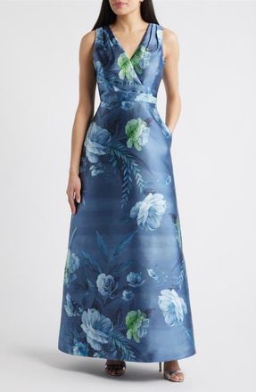 Kay Unger Rosalind Floral Evening Gown in Teal Blue at Nordstrom, Size 12
