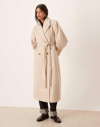 Asos Cappotto spazzolato color avena con maniche bombate e cintura sottile-Neutro