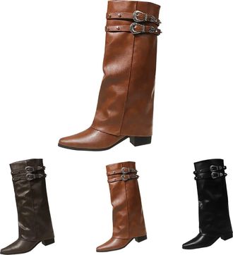 Generic Fold Over Boots for Womens Slouchy Pointed Toe Mid-Calf Boots with Adjustable Buckle Ladies Chunky Low Heel Platform Pull-On Shoes Comfort Leather Non