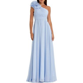 Mac Duggal Womens One Shoulder Polka Dot Chiffon Gown With Ruffle Detail in Powder Blue at Nordstrom, Size 16