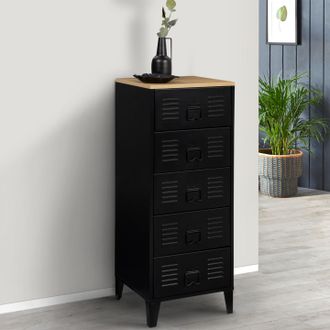IDMarket C&oacute;moda Ester De 5 Cajones, 40 Cm, Metal Negro Y Encimera De Haya De Estilo Industrial