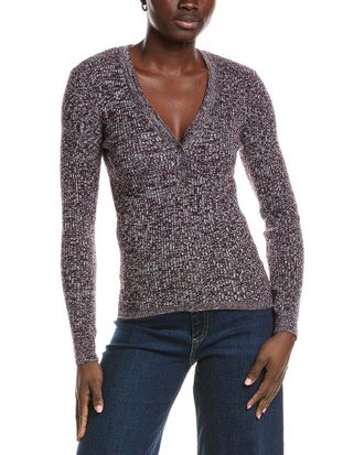 Minnie Rose Cashmere-Blend Rib Marled Henley Cardigan
