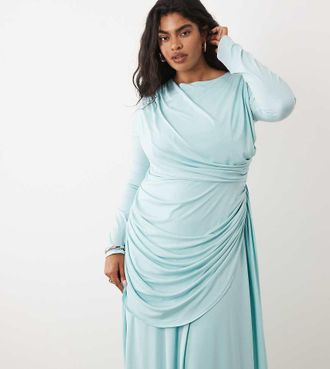 Tfnc Plus Vestito lungo sinuoso drappeggiato con gonna a ruota arricciata azzurro chiaro-Blu