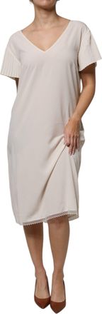PESERICO Off White Short Sleeves V-neck Shift Midi Womens Dress