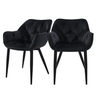 ML Design Ml-design - Set 2x Sillas De Comedor Con Respaldo Y Reposabrazos Asiento Negro Tapizado Con Funda De Terciopelo Grueso Patas De Metal Sill&oacute;n Dise&ntilde;o Er