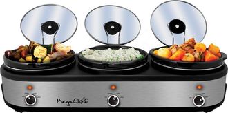 MegaChef Triple 2.5 Quart Slow Cooker and Buffet Server in Brushed Silver and Black Finish with 3 Ceramic Cooking Pots and Removable Lid Rests in
