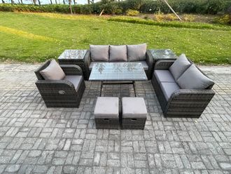 Fimous 8 PCS Outdoor Lounge Sofa Set Wicker PE Rattan Garden Furniture Set with Rectangular Dining Table Armchair 2 Small Footstools in Dark Grey
