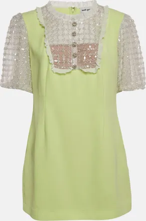 Self Portrait Lime Green Embellished Tulle Crepe Mini Dress