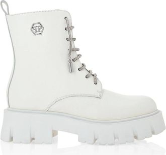 Philipp Plein Schoenen, Dames, Wit, 40 EU, Leer, Boots Mid Flat Hexagon