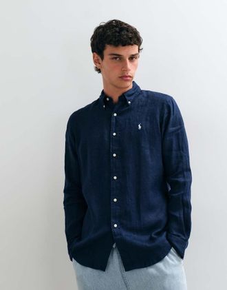 Polo Ralph Lauren Camicia a maniche lunghe in lino blu navy con logo