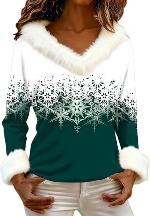 Generic Christmas Sweatshirts for Women Faux Fur Trim Plush V Neck Funny Xmas Tops Novelty Santa Claus Wine Glass Graphic Pullover Shirt (Z03-Green, XL)