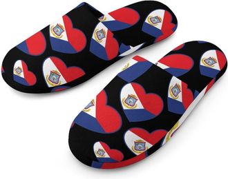Generic Sint Maarten Flag Heart Flannel Mens Slip-on Slippers Winter Warm House Shoes with Rubber Sole for Home Hotel