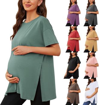 Generic Maternity Fashion Summer Pregnant Top Pregnancy Womens T-Shirt Short Sleeve Maternity Tops Maternity Top Side Slit Maternity Tunic Leisure Loose Mater