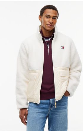 Tommy Hilfiger Mens Tommy Jeans Mixed-Media Teddy Jacket - Cream - XXL