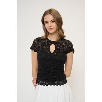 Central Park West Stella Ruched Lace Top in Black at Nordstrom, Size X-Small