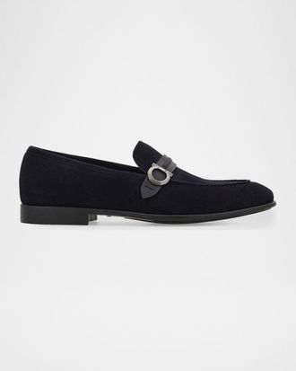 Ferragamo Men & apos;s Terence Gancio Ornament Leather-Strap Suede Loafers