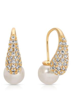 Ettika Pav&eacute; Teardrop & Freshwater Pearl Front Back Earrings in Gold at Nordstrom
