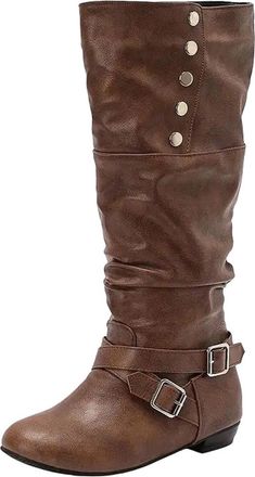 Generic Womens Retro Knee High Boots Round Toe Low Flat Heel Slip On With Pleated Detail Rivets And A Decorative Buckle
