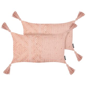 Beliani Beliani - Conjunto De 2 Cojines Rectangulares Con Borlas 30 X 50 Cm Rosa Melocot&oacute;n Valvaria