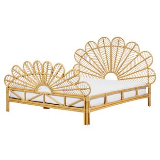 Beliani Cama Con Somier De Rat&aacute;n Madera Clara 160 X 200 Cm Panel Trenzado Pavo Real Florentine