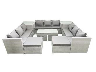Fimous Outdoor Rattan Garden Furniture Set with Grey Cushions Luxury 13 Seater with Coffee Table & 2 Side Tables For Conservatory, Patio in Light Grey