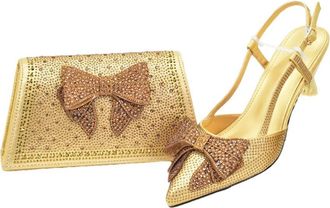 Generic Womens Shoes and Bags Set Sparkly Rhinestone Bow Decorated Stiletto High Heel Shoes Evening Handbag