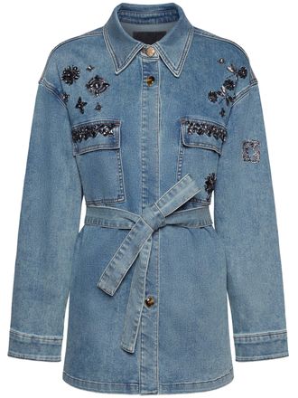 Elena Miro Denim Overshirt Beaded Embellished Belted Jacket