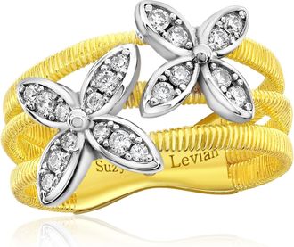 Suzy Levian The Golden Helix Yellow Sterling Silver White Cubic Zirconia Coil Three Row Double Flower Ring