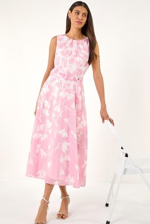 Roman Floral Chiffon Pleat Neck Dress