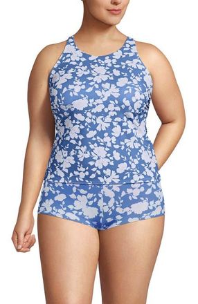 Lands End Tugless High Neck Strappy Back Tankini Swimsuit Top in Deep Sea Painted Stripes at Nordstrom, Size 24W