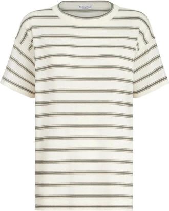 Brunello Cucinelli Maglietta girocollo a righe - Dames - T-shirts - Beige - M - Kasjmier - Tops