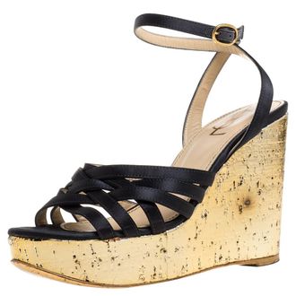 Saint Laurent Yves Saint Laurent Paris Dark Grey/Gold Satin Strappy Ankle Strap Wedge Sandals Size 36