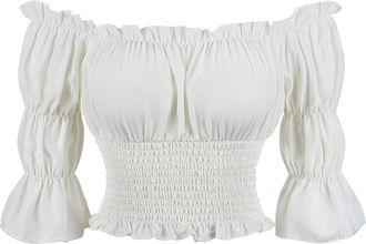 Grebrafan Womens Renaissance Peasant Blouse Off Shoulder Short Sleeve Smocked Tops (UK(10-12) L, White)