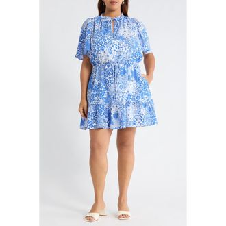Sugarlips Floral Print Flutter Sleeve Dress in White Blue at Nordstrom, Size 1X