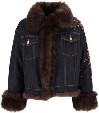 Ermanno Scervino Brown Faux Fur Trim Cropped Denim Jacket