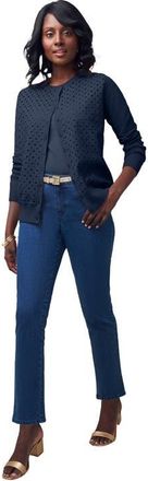 Jessica London Fine Gauge Eyelet Cardigan in Navy at Nordstrom, Size 36