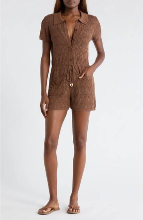 Elan Cover Up Crochet Romper In Brown