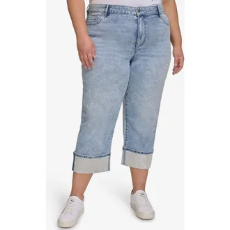 Karl Lagerfeld Crystal Cuff High Waist Jeans in Ice Blue at Nordstrom, Size 18W