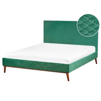 Beliani Beliani - Cama Con Somier De Terciopelo Verde Oscuro Madera Oscura 160 X 200 Cm Acolchado Bayonne